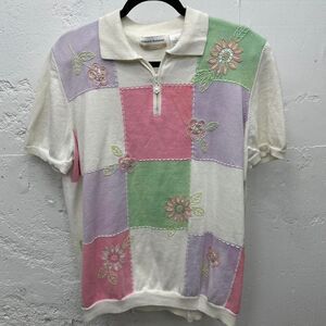 Y2K Granny Core Pastel Floral Checkered Color Block Short Sleeve Sweater Polo